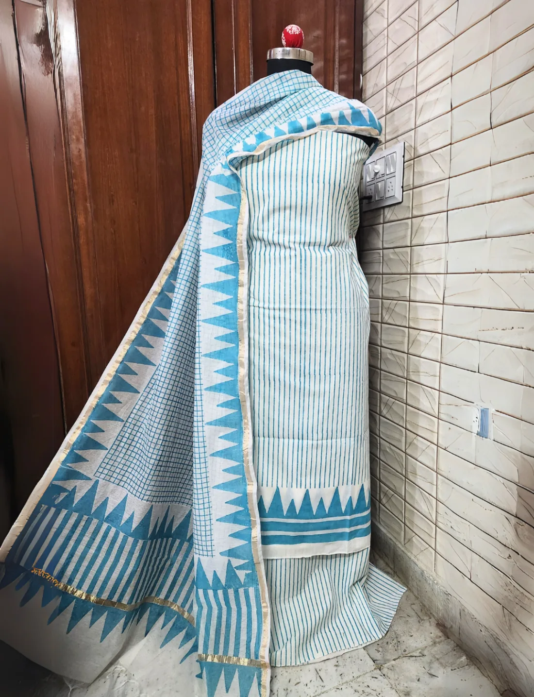 Hand Block Printed Cotton Kurta and Bottom with Chanderi/Silk Dupatta – Unstitched