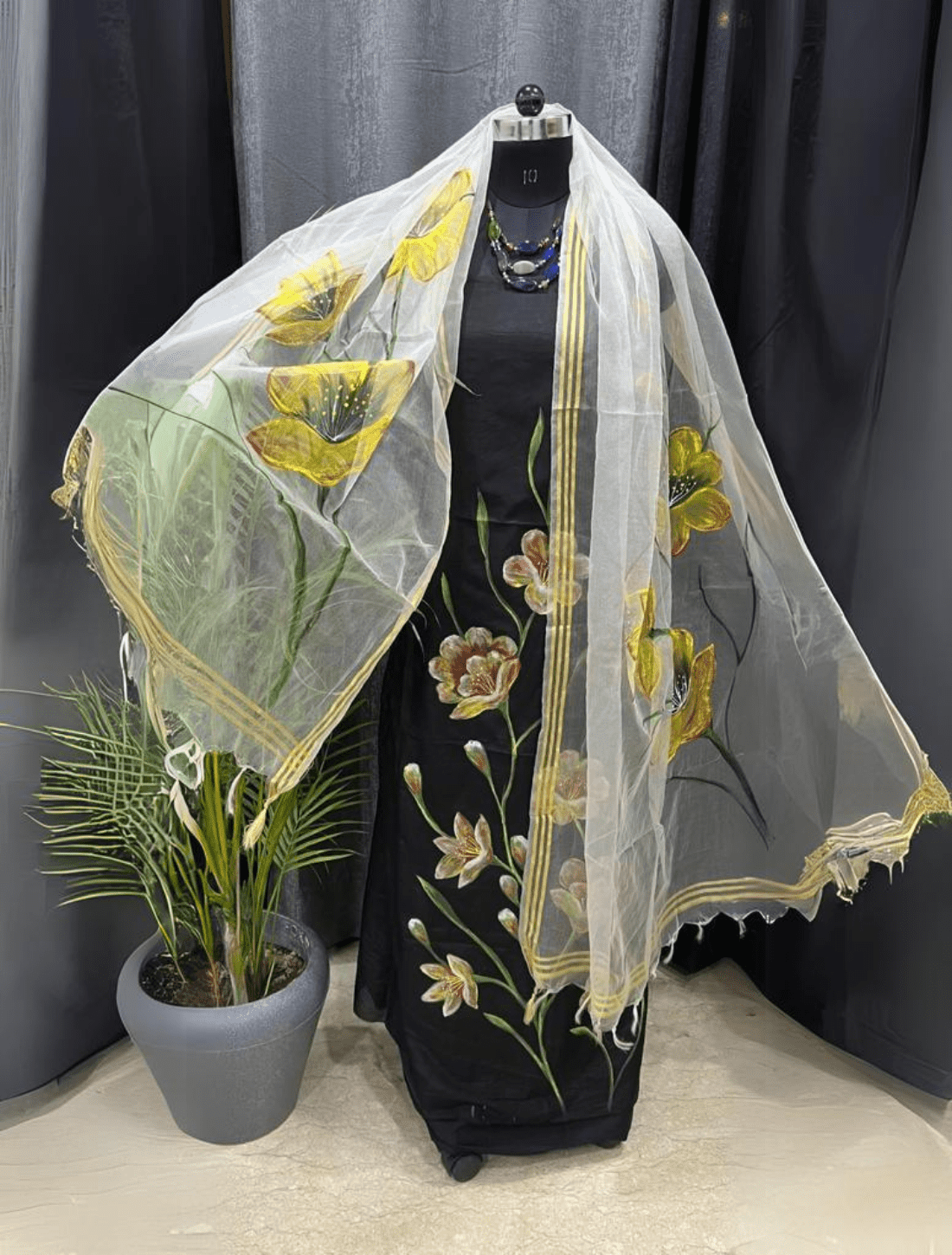 Stylish Cotton Hand-Painted Suit & Chanderi Dupatta Combo