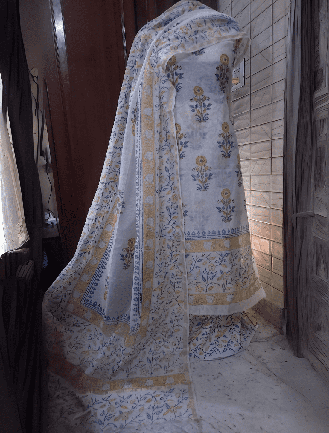 Hand Made Chanderi Kurta with Cotton Bottom and Chanderi Dupatta