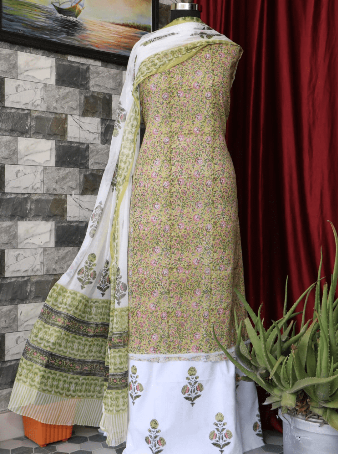 Premium Hand Made Cotton Suit with Chiffon Dupatta - Unstitched Fabric for Custom Fit